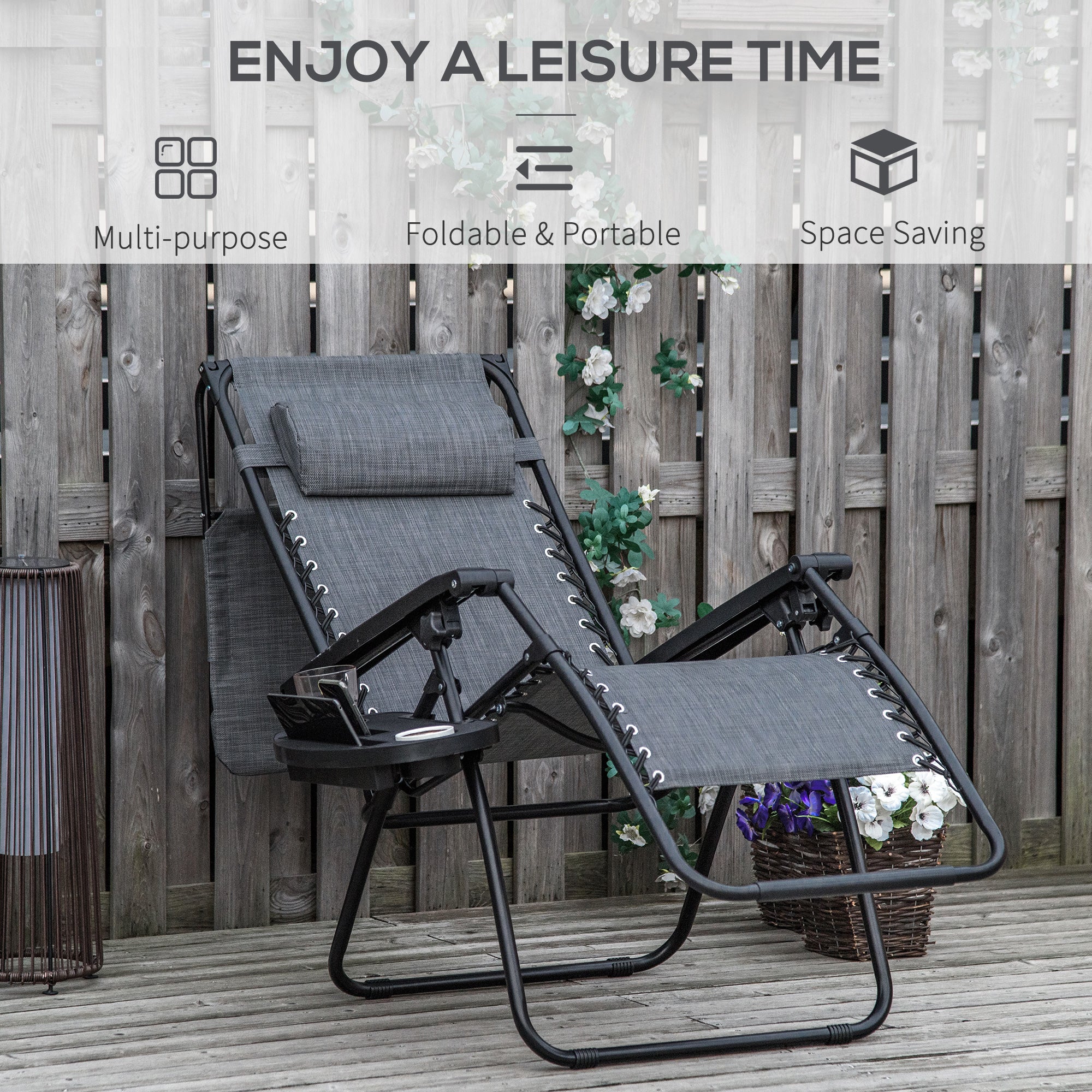Zero Gravity Garden Deck Folding Chair Texteline Patio Sun Lounger Reclining Seat with Cup Holder & Canopy Shade - Grey - Image 4