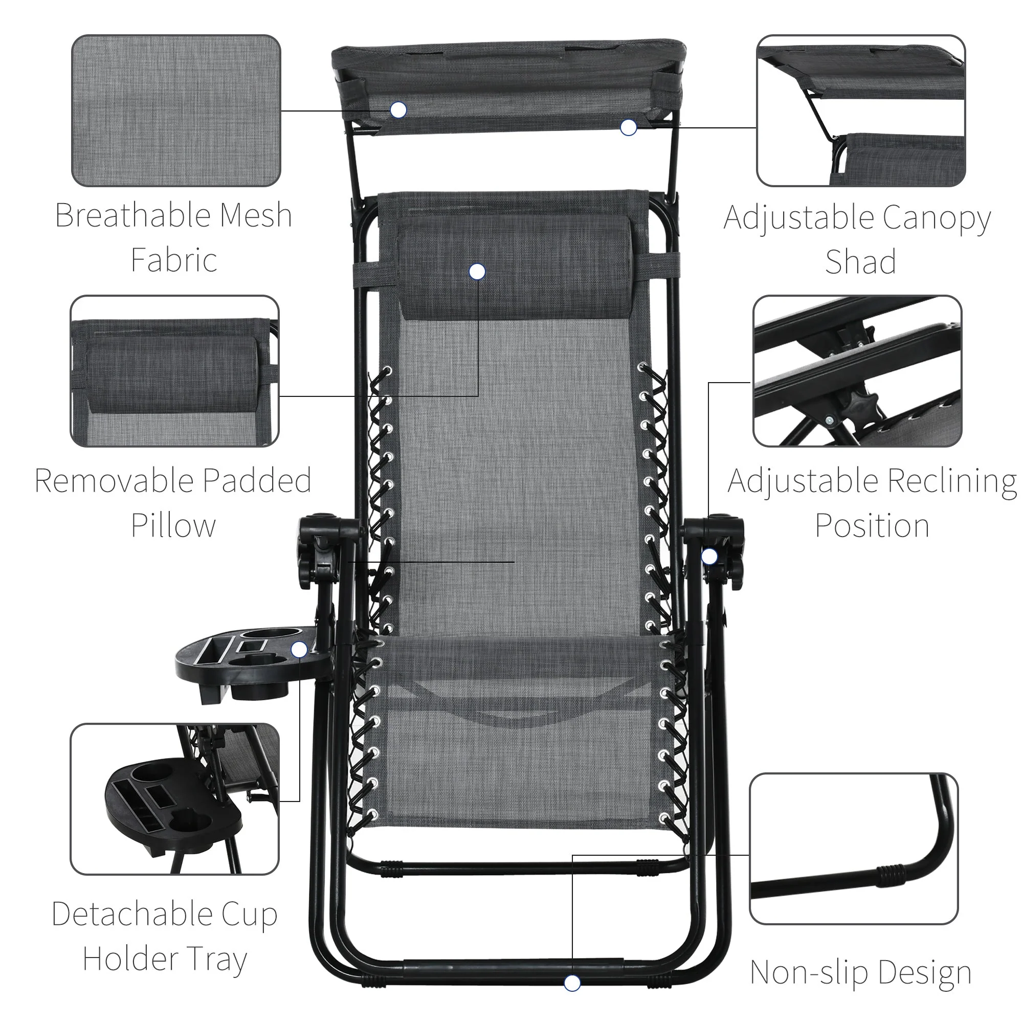 Zero Gravity Garden Deck Folding Chair Texteline Patio Sun Lounger Reclining Seat with Cup Holder & Canopy Shade - Grey - Image 5