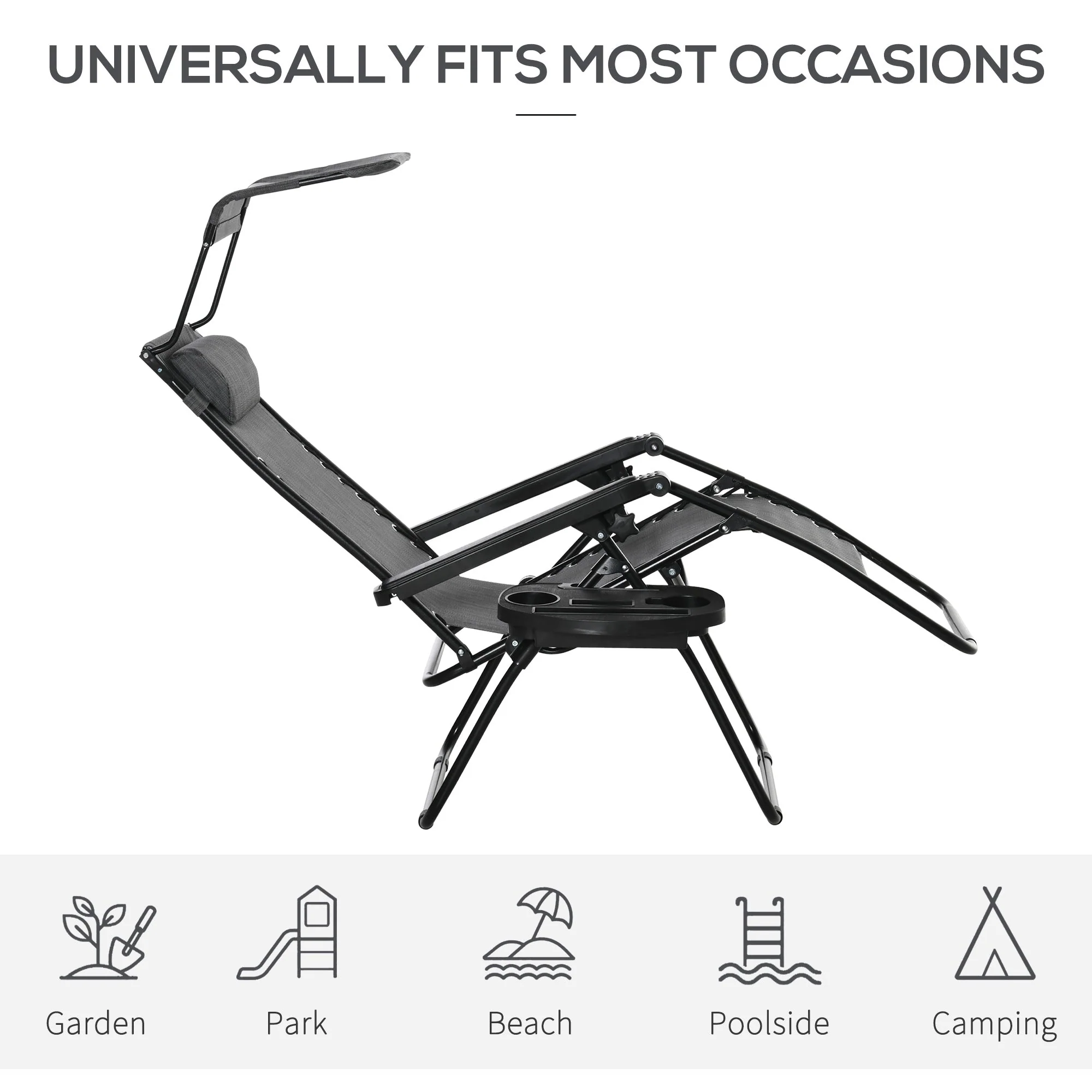Zero Gravity Garden Deck Folding Chair Texteline Patio Sun Lounger Reclining Seat with Cup Holder & Canopy Shade - Grey - Image 7