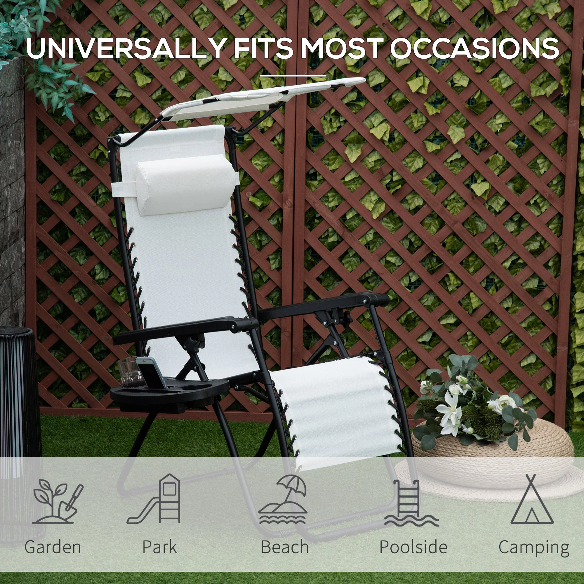 Zero Gravity Garden Folding Patio Sun Lounger w/Cup Holder & Canopy Shade White - Image 6