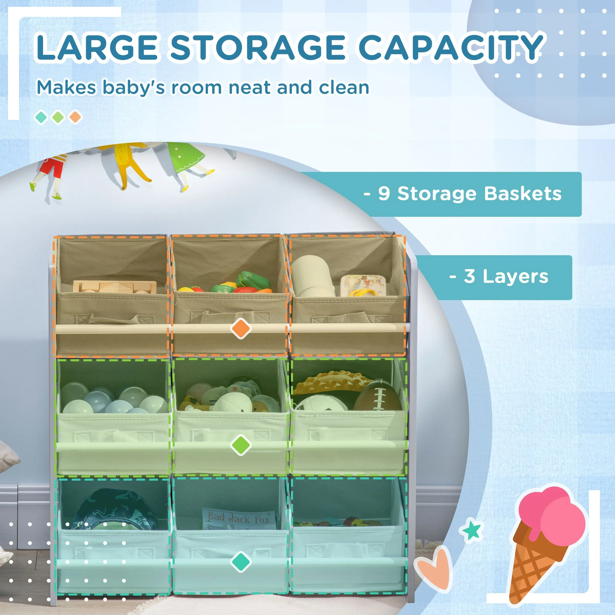 ZONEKIZ Kids Storage Unit with 9 Removable Storage Baskets - Image 3