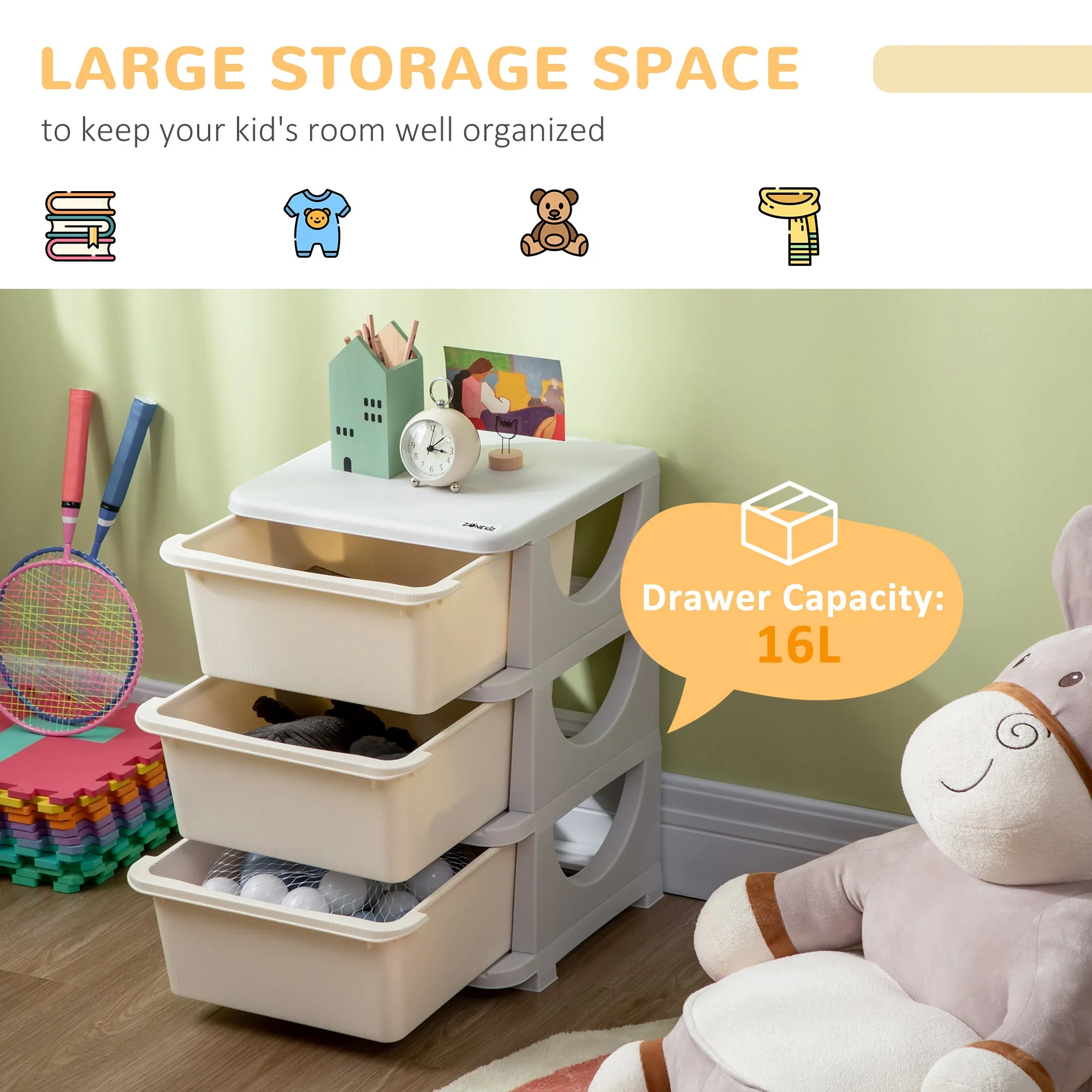 ZONEKIZ Kids Storage Units with Drawers 3 Tier Chest Vertical Dresser Tower Toy Organiser for Nursery Playroom Kindergarten White - Image 4