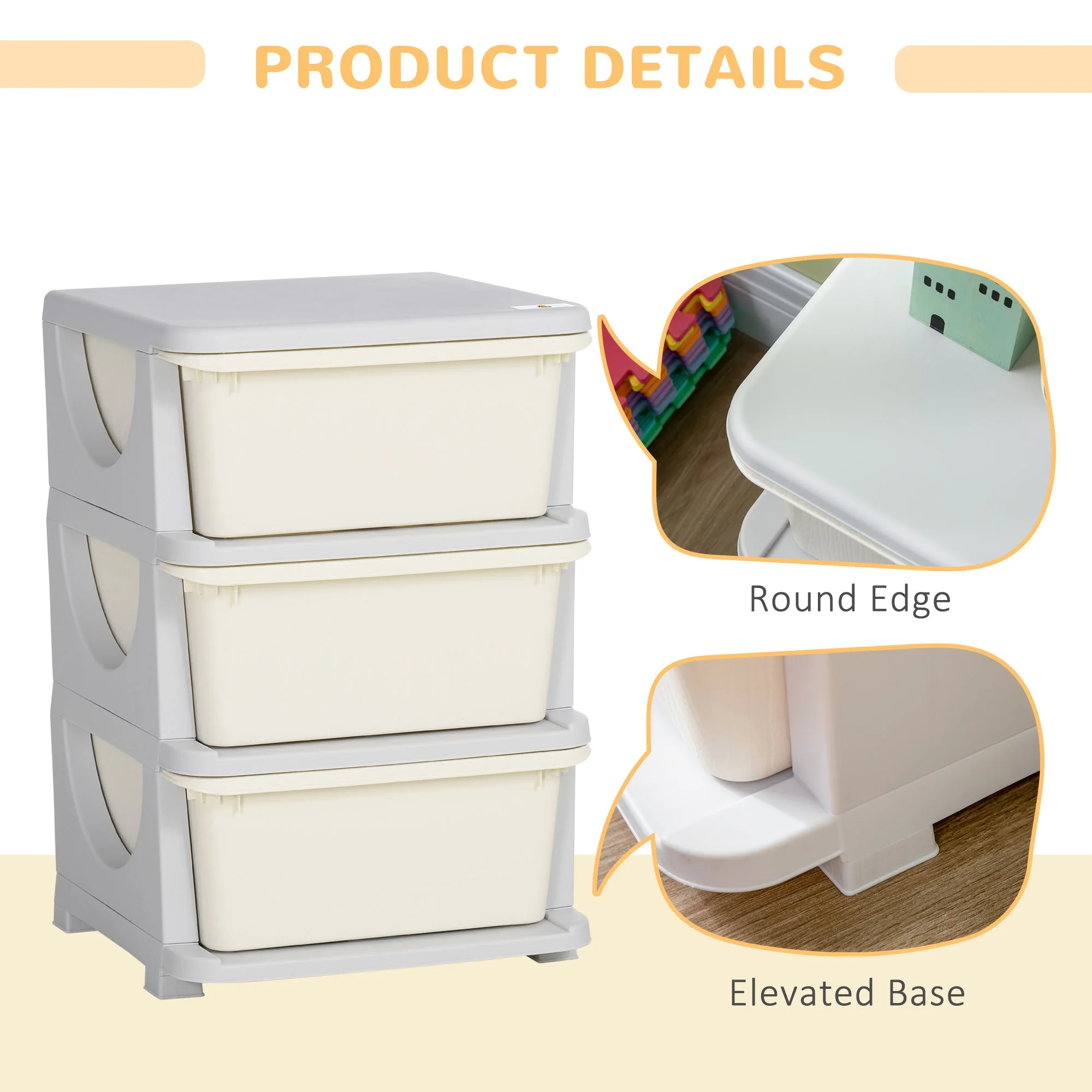 ZONEKIZ Kids Storage Units with Drawers 3 Tier Chest Vertical Dresser Tower Toy Organiser for Nursery Playroom Kindergarten White - Image 5