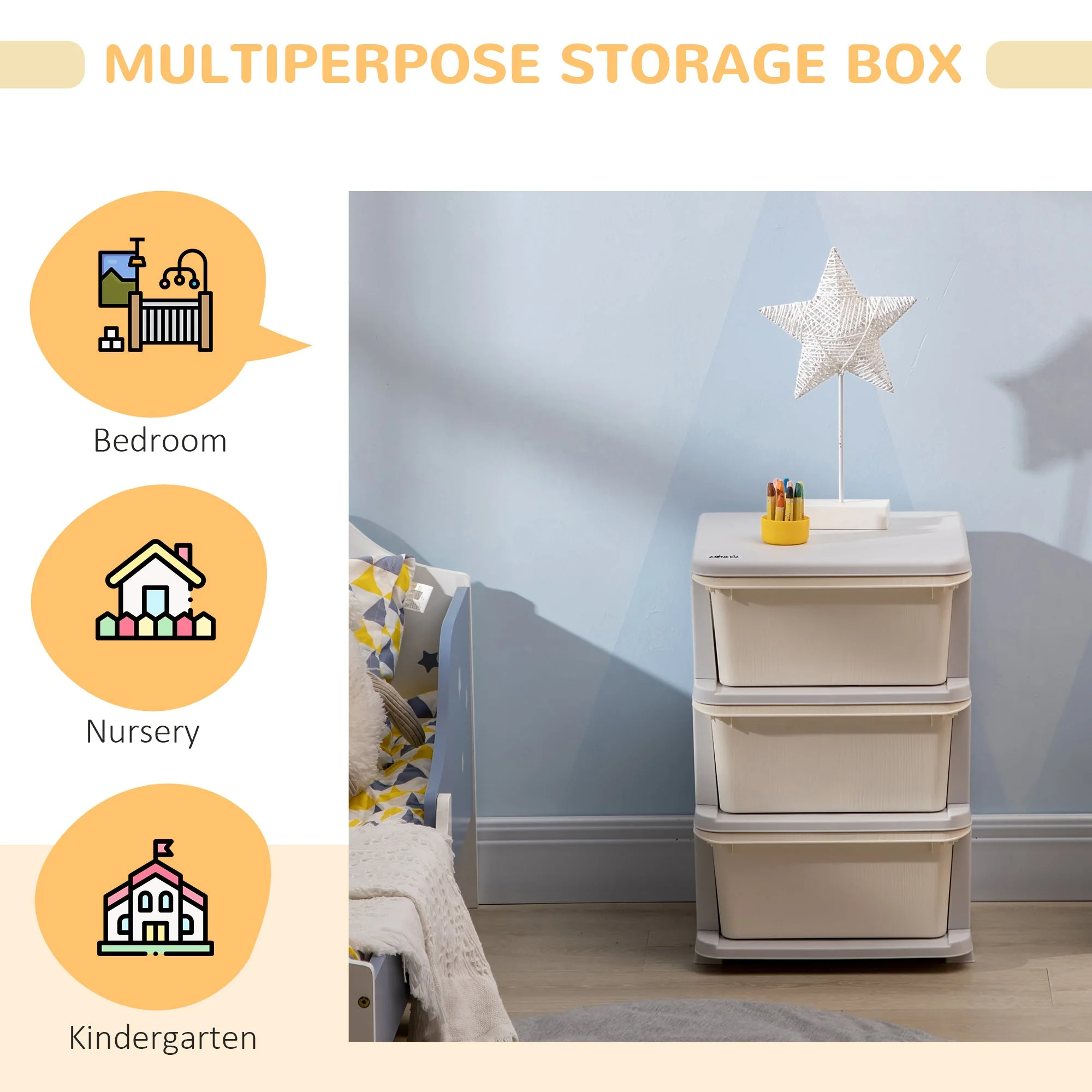 ZONEKIZ Kids Storage Units with Drawers 3 Tier Chest Vertical Dresser Tower Toy Organiser for Nursery Playroom Kindergarten White - Image 6