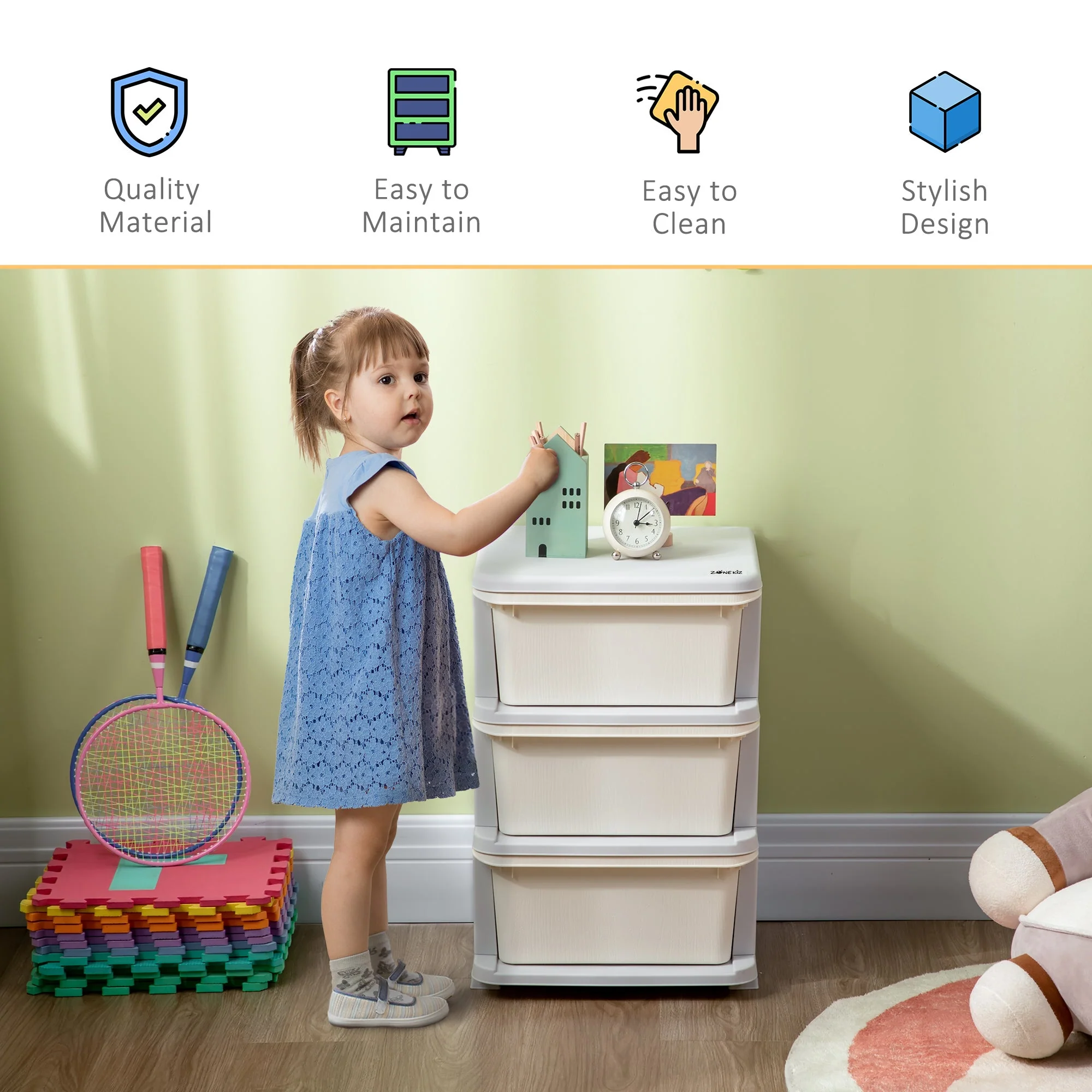ZONEKIZ Kids Storage Units with Drawers 3 Tier Chest Vertical Dresser Tower Toy Organiser for Nursery Playroom Kindergarten White - Image 7