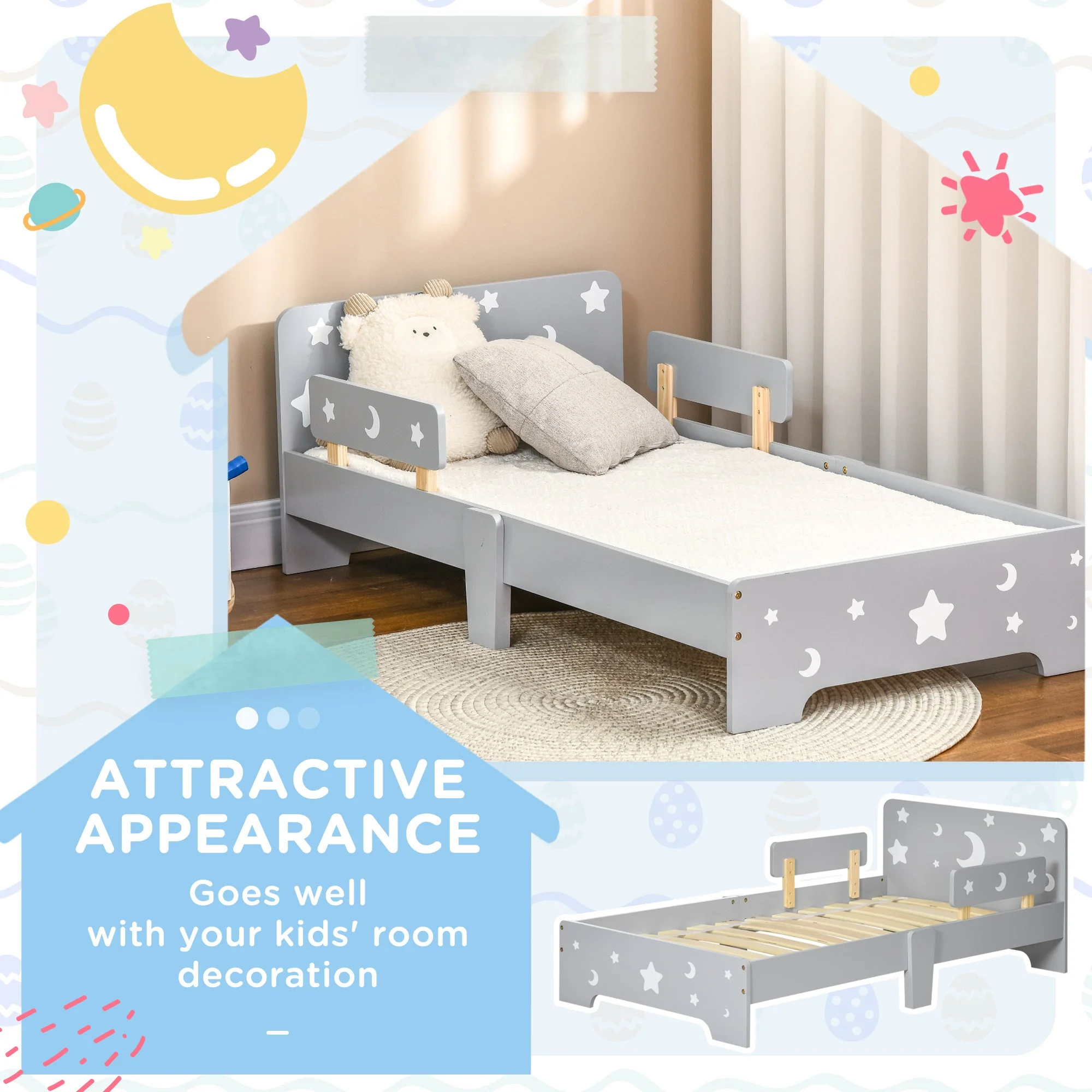 ZONEKIZ Kids Toddler Bed with Star & Moon Patterns - Image 3