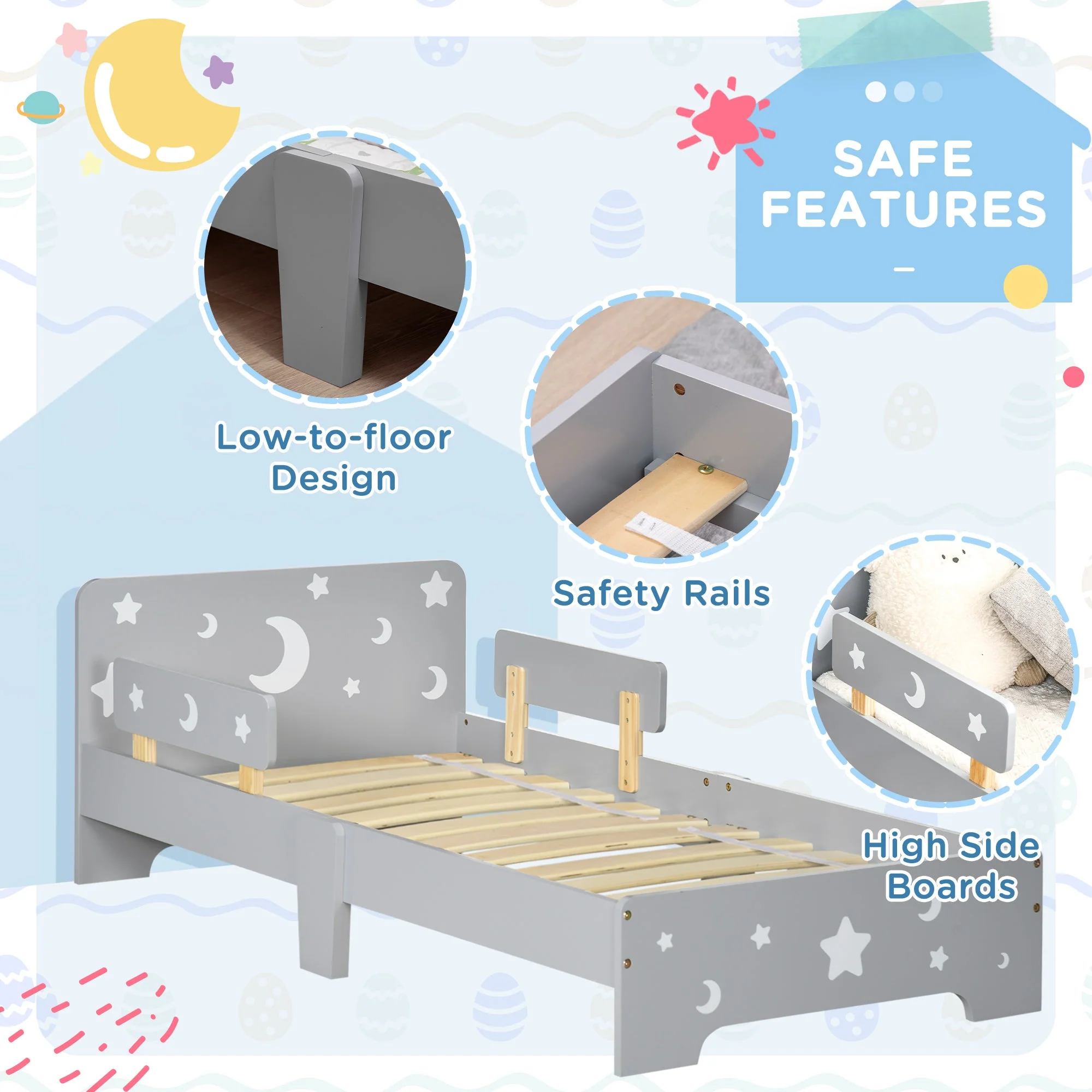 ZONEKIZ Kids Toddler Bed with Star & Moon Patterns - Image 4
