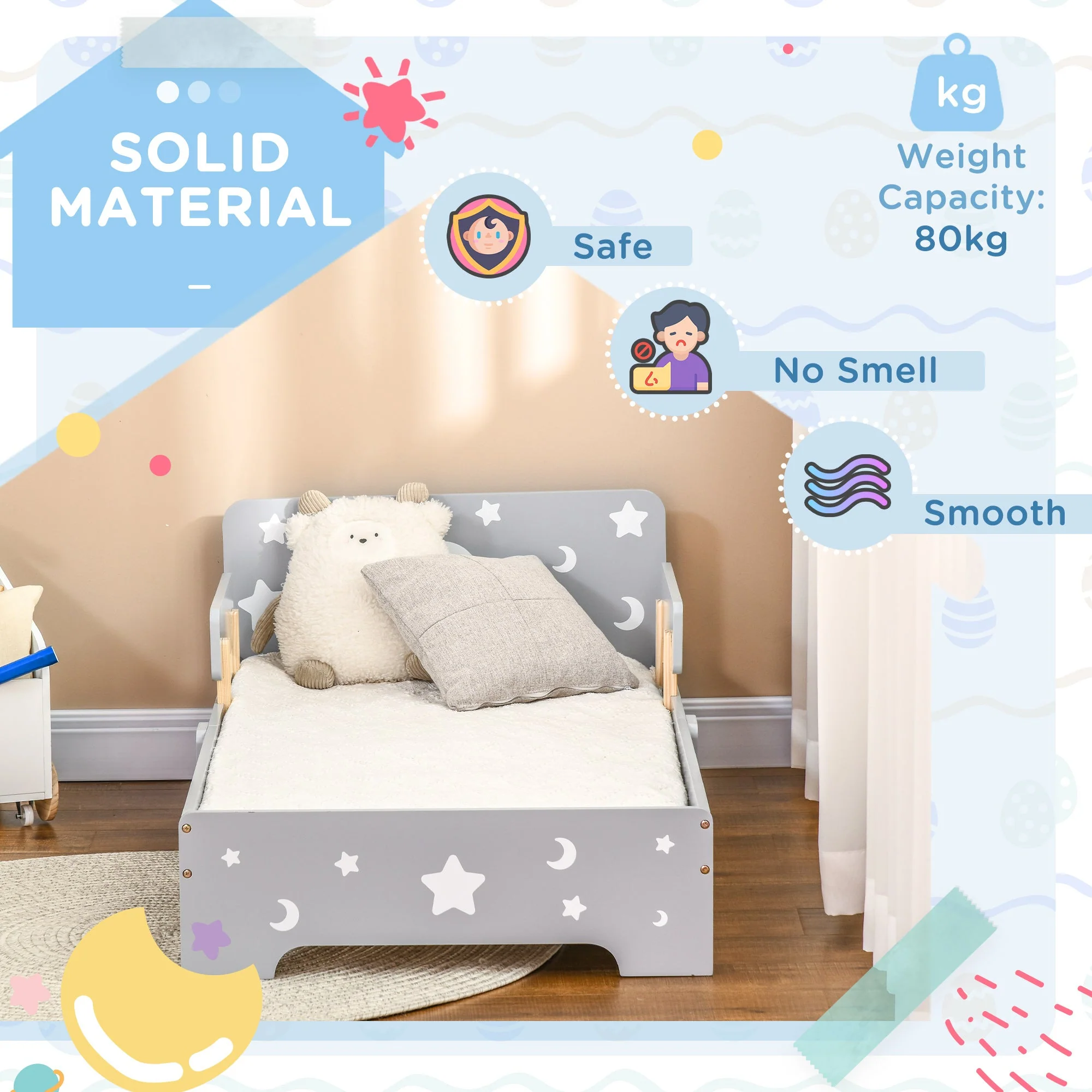 ZONEKIZ Kids Toddler Bed with Star & Moon Patterns - Image 5